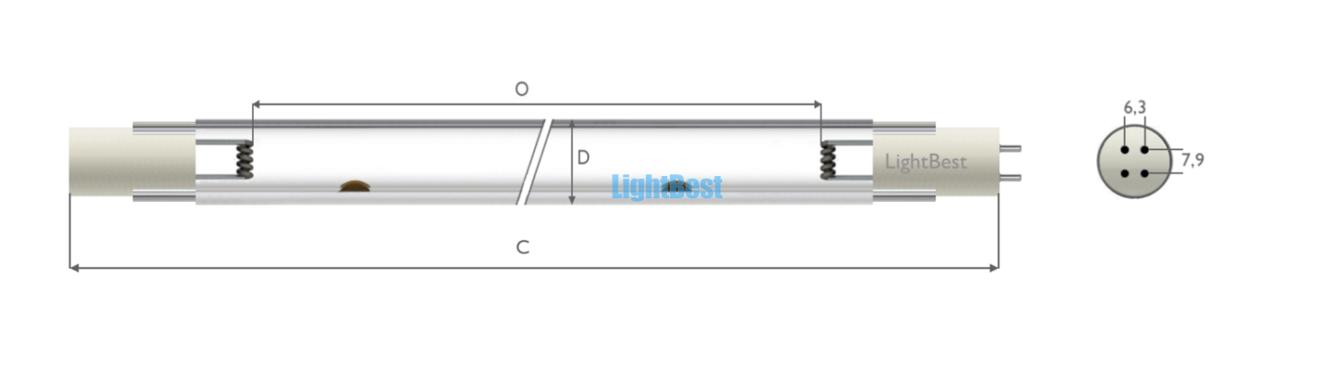Лампа амальгамная LightBest GPHHVA 1790T12L/4P 800W 8.0A (TUV 800W XPT, P-38800P)